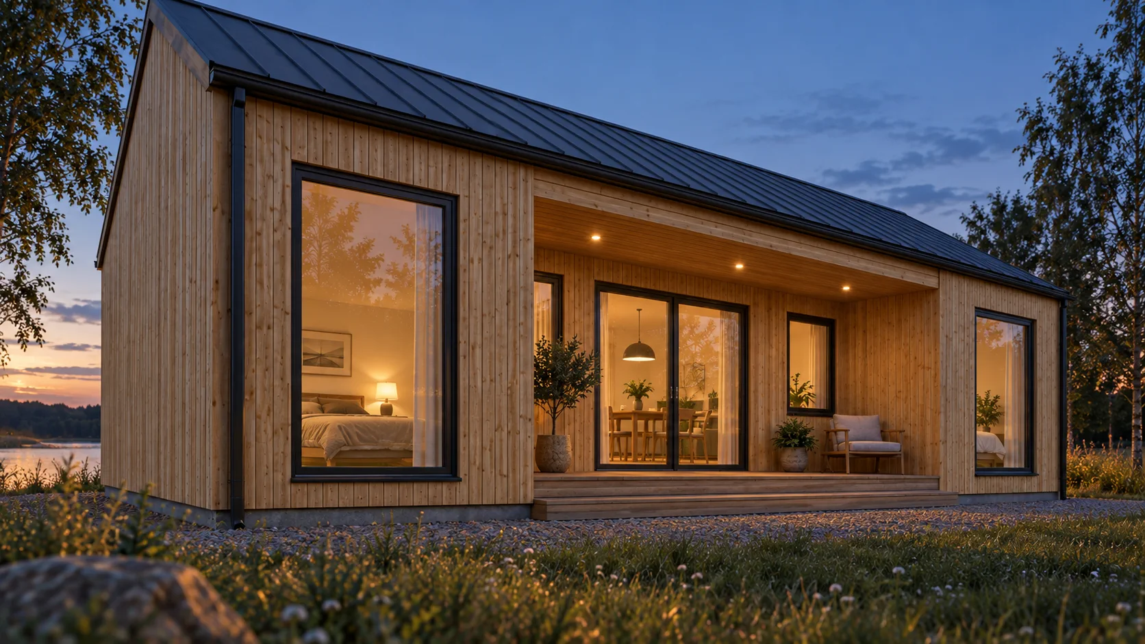 Model 46 m² - szeroki podcień w bryle domu, wizualizacja koncepcyjna.